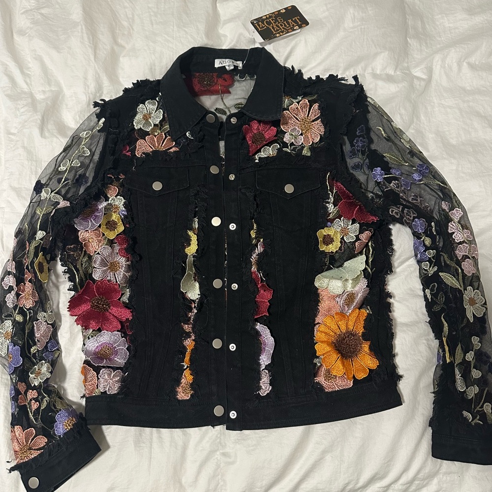 Adore Black Denim Jacket with Floral Embroidery